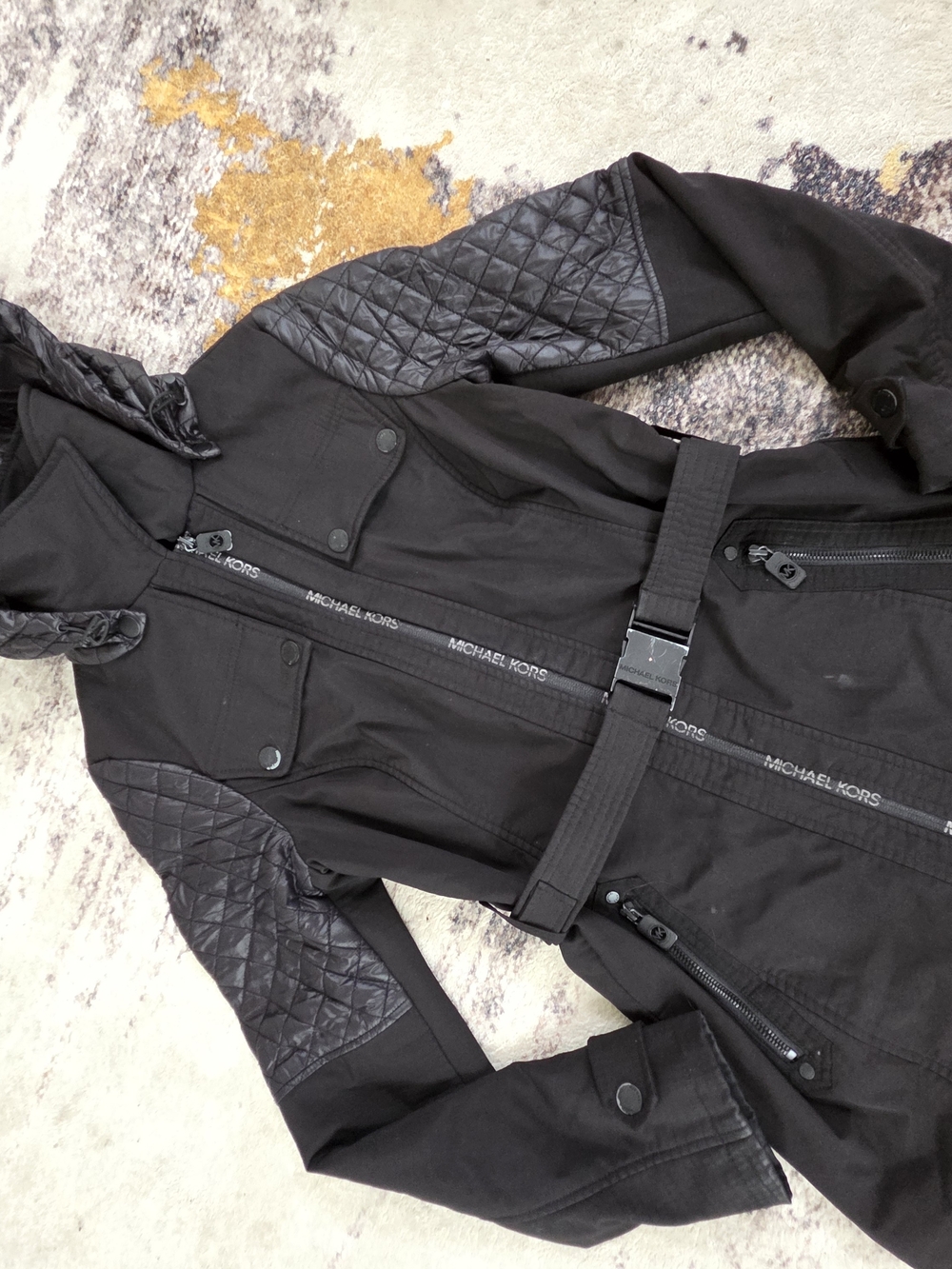 Michael Kors Black Quilted-Sleeve Belted Trench Coat